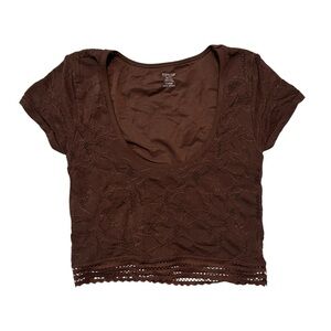 Aerie Superchill Floral Lace Seamless Cap Sleeve Top scoop neck brown size XS